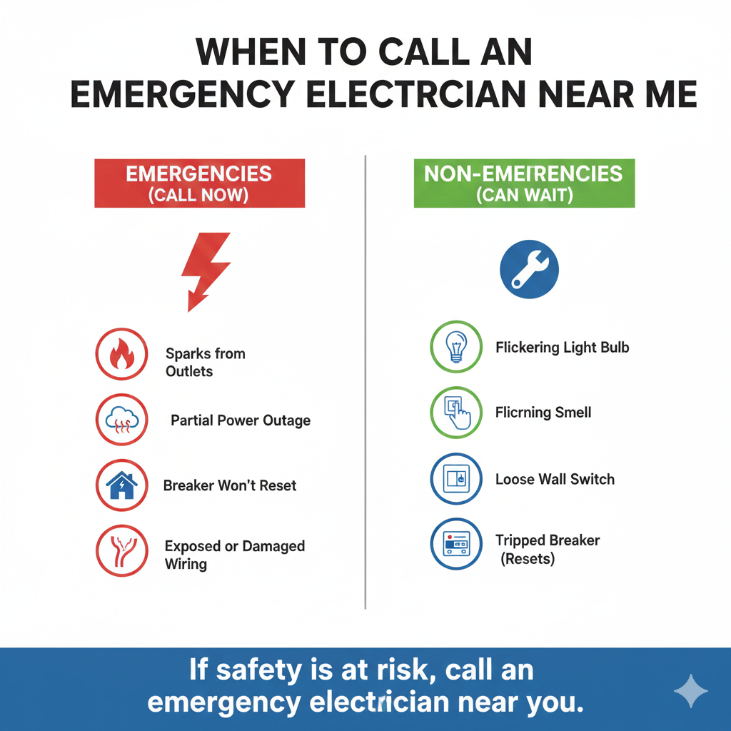Emergency electricians near me infographic showing signs of electrical emergencies like sparks, burning smells, power outages, and damaged wiring that require immediate service.