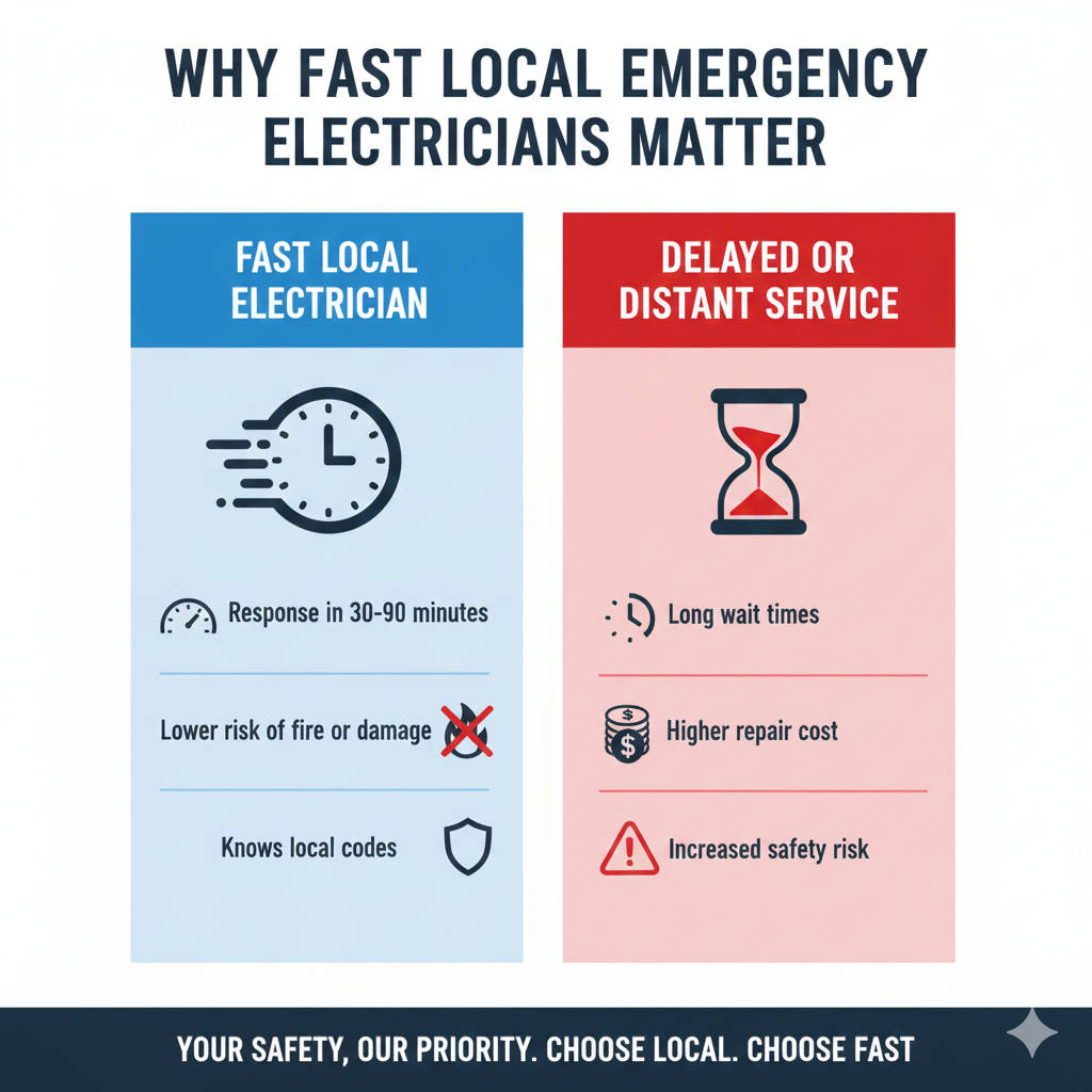 Infographic showing why choosing emergency electricians near me provides faster response, improved safety, and lower damage risk during electrical emergencies.